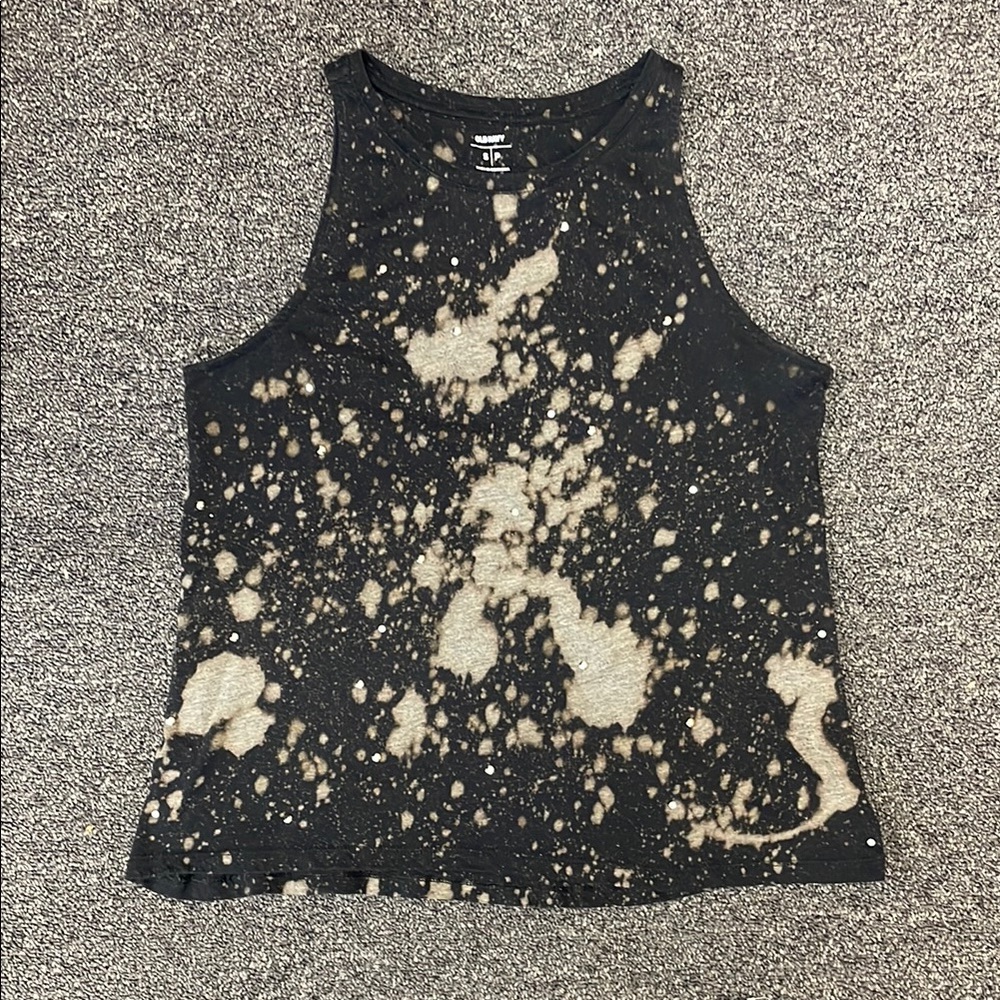 Black Bleach Splattered and Studded Tank Top